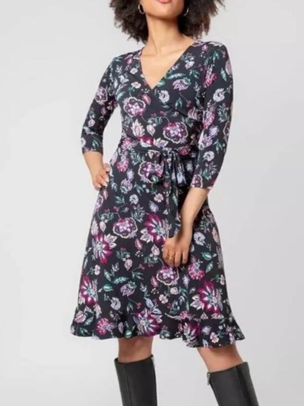Leota Reye Faux Wrap Ruffle Bottom Mixed Floral Print Dress